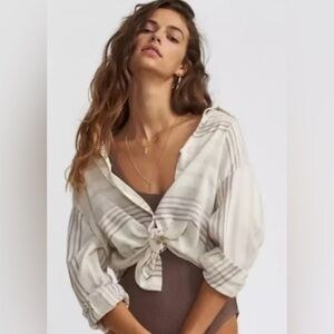 Billabong Button Down Top Womens Medium Cream Cotton Beachy Boho Neutral Coastal